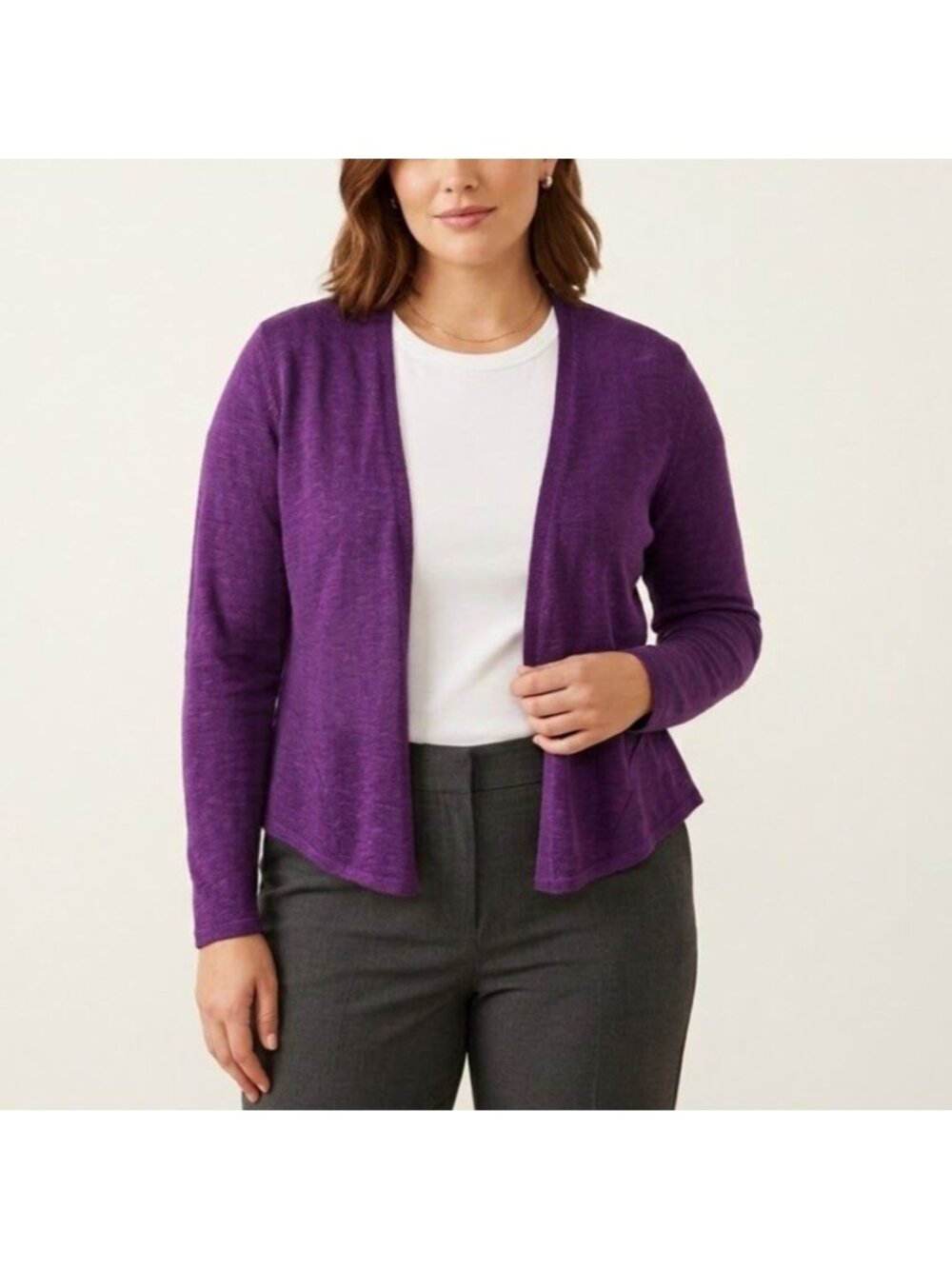 Eileen Fisher Size M Purple 100% Wool Long Sleeve Open Front Cardigan Sweater